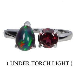 Stunning Natural Black Opal & Garnet Open Ring in 925 Sterling Silver Ring Sz 8